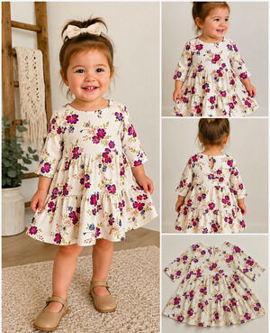Old Navy Baby Girls 18-24M Floral Tiered Dress Ivory Purple Blue 3/4 Sleeve